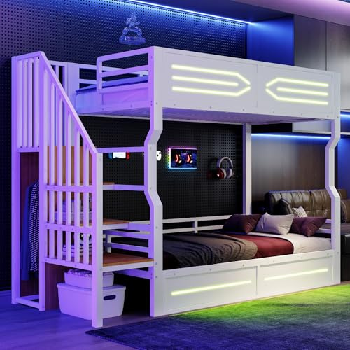 Merax Etagenbett 90x200 cm aus Eisen mit LED & Treppenschrank, Hochbett mit Staufächern & Sicherheitsgitter, Robustes Jugendbett, platzsparendes Schlafbett für Kinder, Weiß (Ohne Matratze)