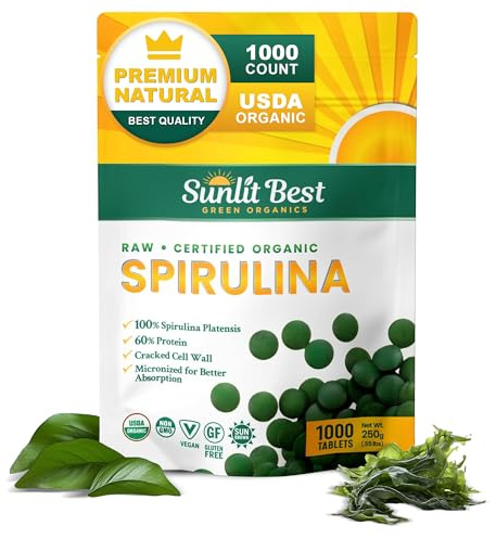 Sunlit Best Spirulina Tablets - Organic Spirulina Tablets USDA Premium 1000 Count - Natural Spirulinas Organic Burst for Immune Support Antioxidants, Energy Boost w/Chlorophyll - High Protein, Non GMO