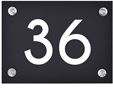 Hausnummer Schild 36 | Hausnummernschild modern schwarz matt | Hochwertiges, wetterfestes Hausnummern-Schild in weißer Schrift inkl. Befestigungszubehör, rostfrei und UV-beständig