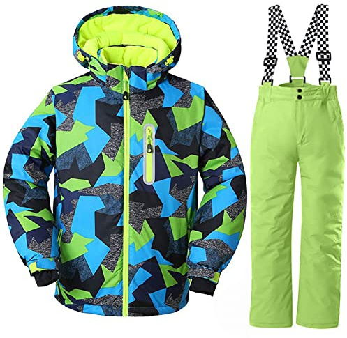 WOWULOVELY Big Boy's 2-Piece Colorblock Snow Pants and Jacket Snowsuit Ski Suit Waterproof Windproof Ski Jacket Colorful Unisex,FY Green 14