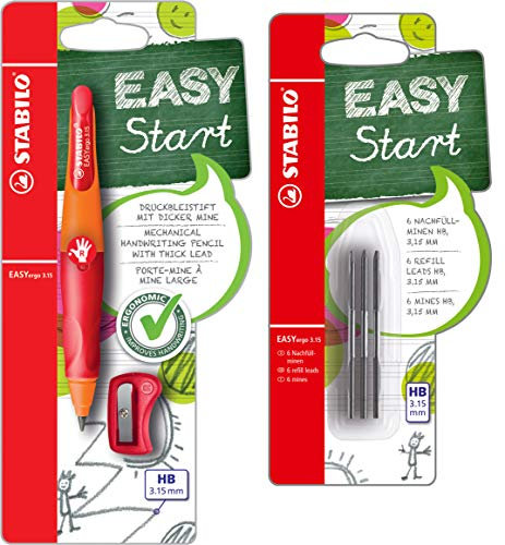 Ergonomischer Druck-Bleistift für Rechtshänder - STABILO EASYergo 3.15 - inklusive 1 dicken Mine - Härtegrad HB & Spitzer (Orange/Rot + Minen)