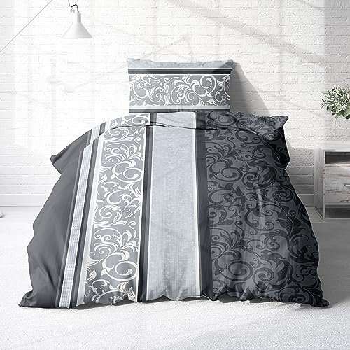 Träumschön Biber Bettwäsche Set 2tlg 155x220 cm + 80x80 cm – Flauschige Paisley Bettwäsche Silber – Weiche Winterbettwäsche - Atmungsaktiv, Warm & Hautfreundlich - 100% Baumwolle