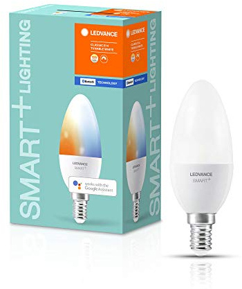 LEDVANCE Smarte LED-Lampe mit Bluetooth Mesh Technologie, E14, Dimmbar, Lichtfarbe änderbar (2700-6500K), ersetzt Glühlampen mit 40W, steuerbar mit Alexa und Google, SMART+ Candle TW, 4er-Pack