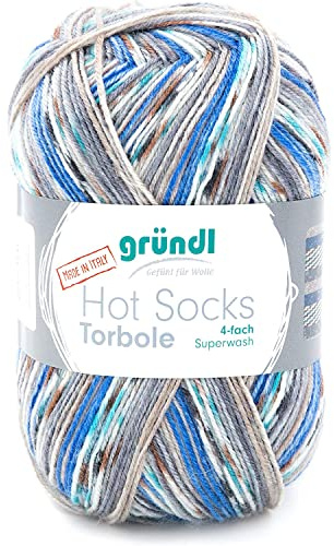 Gründl Hot Socks Torbole (strumpull tillverkad av 75% ny ull (supertvätt) & 25% polyamid, 4-vägs strumpgarn, 100 g/420 m, nåltjocklek: 2,5–3 mm, 100 g), capriblå-royal-vinröd/vit-bensingrafit