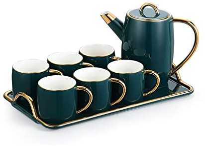 SMSOM Ceramic Tea Set, Porcelain Tea Cups Set, Tea Party Service Set for Adults High- end English Afternoon Tea Set with Tray Gift set, Green