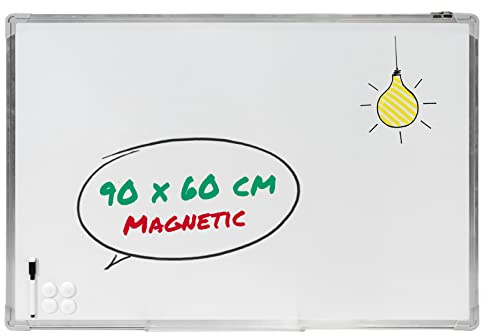 The Workplace Depot Wall Mounted Whiteboard, Large Magnetic 90 x 60cm Surface, Office Classroom Board with Pen & Magnets