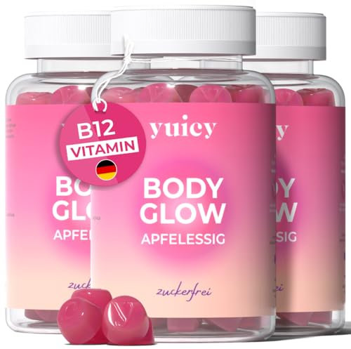 yuicy® Apfelessig Gummibärchen hochdosiert - Gummibärchen zum Abnehmen mit Apfelessig, Vitamin B12 & Folsäure - Leckere Apfelessig Gummies für den Stoffwechsel - 180 Stk. - Zuckerfrei - BODY GLOW