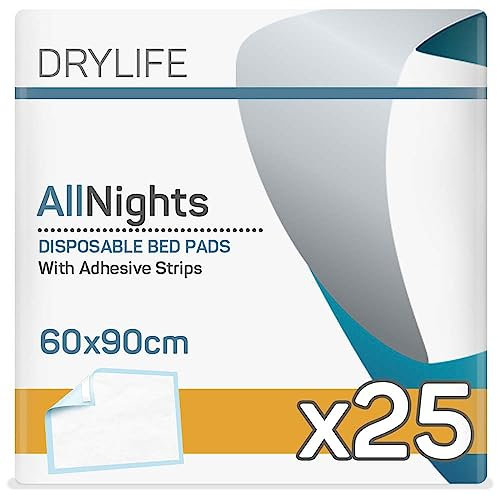 Drylife All Nights Einweg-Inkontinenz-Betteinlagen mit Klebestreifen, schnelle Absorption, geruchsbindend, weich, bequem, stark und sicher, geeignet für alle Altersgruppen, 60 cm x 90 cm, 1 Packung