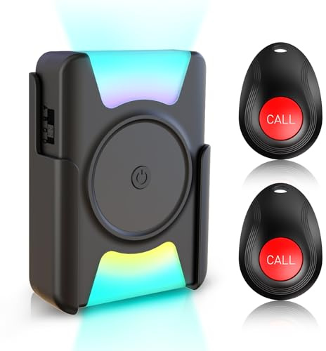 CallToU Personal Alarms for Elderly Wireless Caregiver Pager 2 Waterproof Low Battery Alert Call Bell Nurse Call System 1 Vibrating Colorful Flashing Receiver at Home, (CC21 2-1 BT007) | Panic Alarm Call Button Fall Alarm Call Bell Caregiver Pager Waterproof Button for Elderly Monitor/Disabled