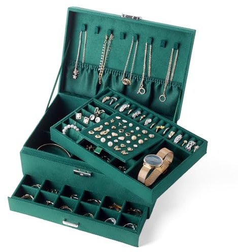 Warmiehomy 3 Layers Vintage Jewellery Box Lockable Velvet Jewelry Organiser for Earring Ring Storage Necklace Bracelets Jewellery Storage Box with Removable Dividers For Girls Women (Green)