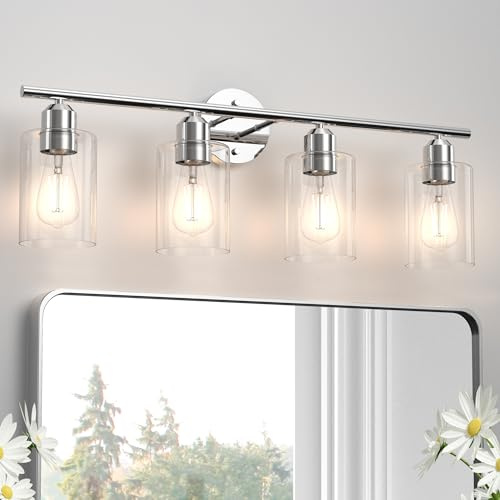Espird Bathroom Vanity Light Fixtures Polished Chrome,4 Lights Rustic Farmhouse Vanity Bar Lighting Over Mirror Modern Industrial Wall Sconces Lamp with Cylinder Glass Shade