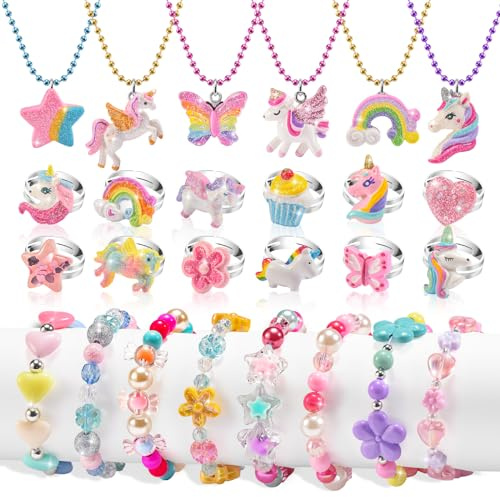 xFFFun Parure de bijoux pour filles de 3 ans, bagues pour enfants de 3 ans, bijoux fantaisie de princesse, bagues licorne, cadeaux d'anniversaire pour filles de 3 à 4 à 5 ans