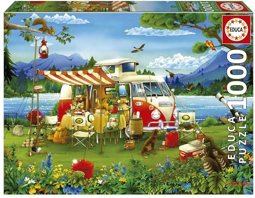 Educa - Vacances à la Campagne Puzzle 1000 Pièces Adulte | Paysage Lac Camping Illustration | 68 x 48 cm | Dès 14 Ans (19922)