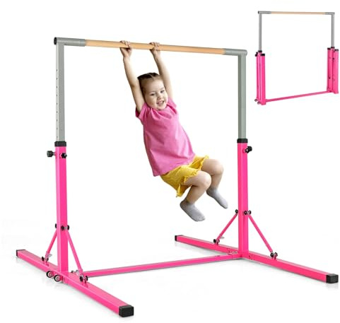 KOMFOTTEU Kinder Turnreck, Gymnastik Bar Gymnastikstange 13 stufig Höhenverstellbar, Reckstange Turnstange aus Stahl & Holz, Reck Stange zum Turnen für Mädchen Jugendliche, max 100kg | Robuste Bambusstange bis 120 kg Traglast, praktische Rollen integriert. Kompaktes Kinderturngerät für Indoor und Outdoor Nutz