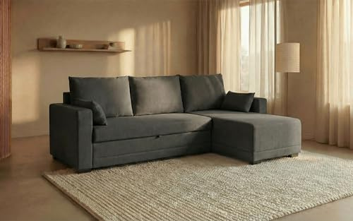 BUDWING Leah Sofá Cama Esquinero 3 Plazas - Chaise Longue Reversible y 2 Cojines Decorativos – Tapizado en Poliéster – Estilo Moderno – 233x124x69 cm – Gris Oscuro