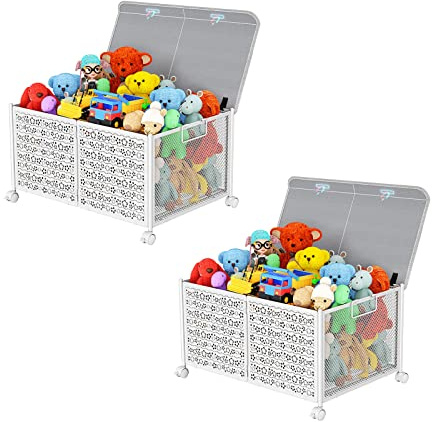 Spielzeug-Aufbewahrungsbox mit Rädern und Deckel, Faltbare, Robuste Spielzeugtruhe aus Metall für die Aufbewahrung von Kuscheltieren, Aufbewahrungskorb für Rollendes Spielzeug