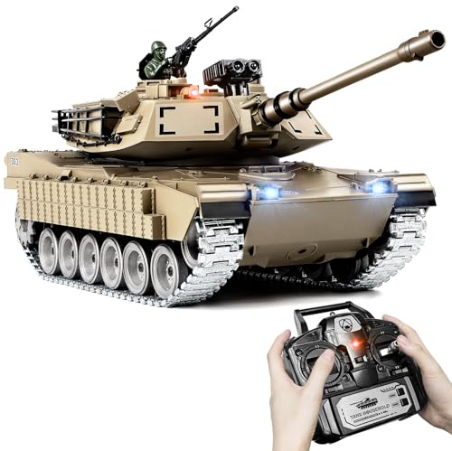 RC-tank 1:18 M1A2 Abrams, 2,4 GHz fjärrkontrolltank, militärmodell, RC-modell med BB-projektilbränning, metallspår, rök, ljud, ljus, reoljesimering, RC leksaksgåva för barn i åldern 6+ och vuxna