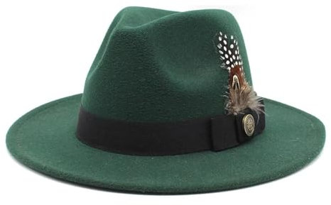 FULUJIDI Fedora Trilby Filzhut Hut Gentleman Klassische Jazz Feder Top Hut Breite Brim Party Kirche Hochzeit Fedora Hüte Männer Frauen Panama Filz Mütze L59-60Cm Dunkelgrün