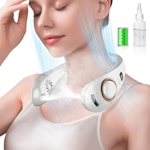 Portable Neck Fan with Water Mist Spray,Folding Cooling Fan for Your Neck,Wireless Mini Personal Misting Neck Fan,Rechargeable Battery Operated Festival Gifts for Women Men Adults Kids Dad Mom White