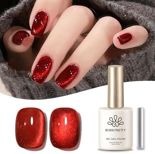 BORN PRETTY Magnetic Gel Nail Polish 15ml Red Iridescent Glitter Gel Polish Cat Magnetic Eye Effect with Magnet Ruby Series Soak-Off U V/LED for Nail Art Salon DIY Home