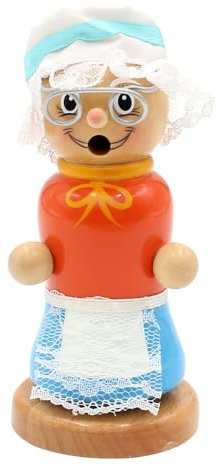 Dekohelden24 Affumicatore in legno, statuetta di fumo, pupazzo di incenso come statuetta da favola, nonna con cappuccio bianco e gonna, L x P 8 x 13 cm.