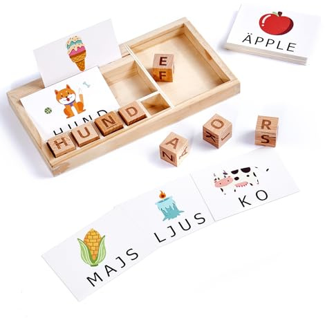 Zakota Svenskt Ordstavning spel, 8 Träklossar, 30 Kort med 60 ord, Block & Kuber ord spel, Pedagogiska leksak för 3 4 5 6 år barn, Montessorileksaker, Alfabet lärande leksaker, Present till barn.