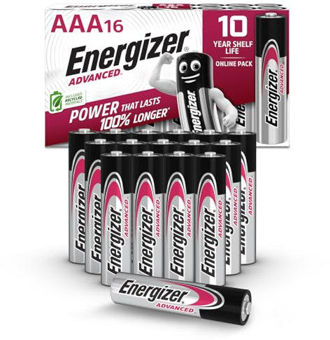 Energizer Advanced - AAA Batteries (16 Pack) - Triple A Battery 1.5V - Up To 100% Longer Lasting - Ideal for High-Drain Devices - 0% Plastic Packaging - 10 Year Shelf Life [Amazon Exclusive]