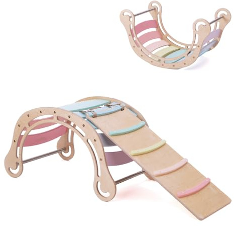 KateHaa Klettergerüst Indoor mit Rutsche, Kletterbogen aus Holz für Kinder ab 7 Jahren (Pastell)