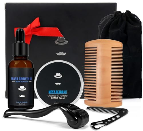 Beard Growth Kit, Beard Grooming Kit for Men W/Beard Roller, Atural Ingredients Beard Growth Serum, Beard Balm, Beard Comb, Stimulate Beard Growth with This Beard Care Kit, Gifts for Men