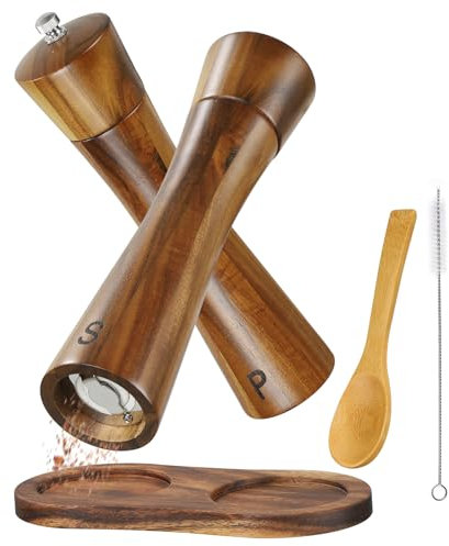 BEZORR Molinillo de sal y pimienta, juego de 2 molinillos de especias de madera de acacia, 20,3 cm con plato, molinillo de especias de cerámica con cepillo de limpieza y cuchara para diferentes