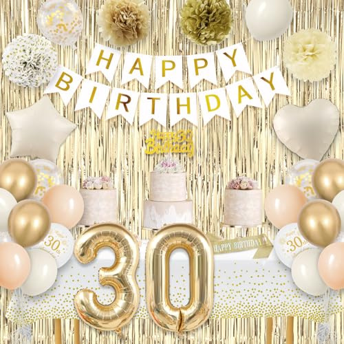 30th Birthday Decorations for Women, Boho Sand White Gold Balloons, 30th Party Decorations, Happy Birthday Banner, Golden Fringe Curtain Tablecloth Sash Paper Pom Poms for Women Party Supplies