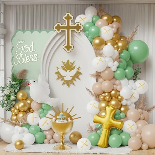 Arco de Globos Decoracion Bautizo Niño o Niña. Decoracion Comunion Niña o Niño. Decoración Primera Comunion Niños. 158 piezas con Cruz Dorada y Paloma Blanca para fiestas religiosas