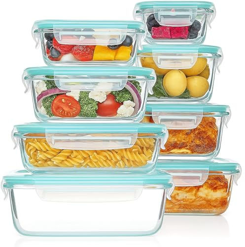 Windfromort Boîte Conservation Verre,8 Pièces,Tuperwear en Verre, Verre Borosilicate, Hermétique et Sans BPA, Compatible Micro-Ondes, Réfrigérateur et Lave-Vaisselle