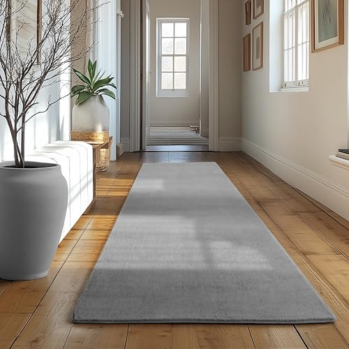 SIMPEX Läufer Teppich Silber 80x250 cm Waschbarer Kurzflor Teppich, rutschfest & weich, modernes einfarbiges Design für Schlafzimmer, Küche & Flur