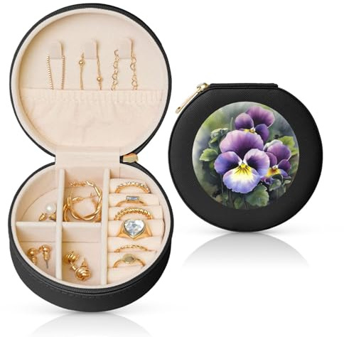LKTPSKQRY Travel Jewelry Box Leather Small Jewelry Organizer for Women,Portable Jewelry Case Pansy Perfection Display Storage Holder Boxes Mini Travel Case for Necklace Rings