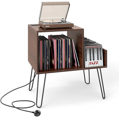 COSTWAY Support Tourne-disque avec Prise, Meuble Tourne-Disque Vinyle pour 145 Albums, Station de Charge, 2 Ports USB, 4 Pieds Amovibles, 3 Séparateurs, Étagère sur Table(Noyer)