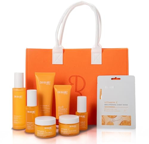 Ansiktsvårdsset med vitamin C – ansiktsserum, ögonserum, dag och nattkräm, 10 x tygmask, ansiktsrengöring, toner, solskyddsmedel SPF 50 – anti-aging, hudvård, skincare set, presentset damer