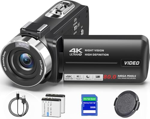 4K Camcorder Video Camera HD 80MP IR Night Vision Vlogging Camera for YouTube 18X Digital Zoom Camera Autofocus 3.0 270°Rotation IPS Screen Video Recorder with 32GB SD Card, Lens Cap and 2 Batteries