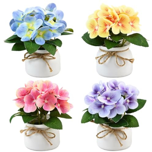 4 PCS Artificial Hydrangea Potted Plant - 18cm Fake Flowers with White Pot | Lifelike Artificial Hydrangea Flowers Decorative Faux Hydrangea for Home/Office/Wedding (Yellow/Deep Pink/Blue/Purple)