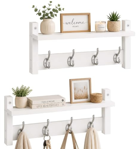 Perchero de Pared Relaxdays, Set de 2, 4 Ganchos Dobles c/u, 19,5×40×11 cm, repisa para Sombreros, Blanco