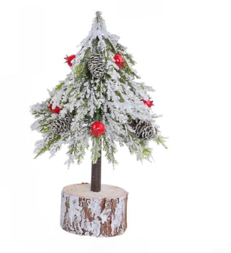 Tisch-Weihnachtsbaum, schneebeflockt, kleine künstliche Kiefer mit roten Beeren, Holzsockel, Desktop-Urlaubsdekoration, mattierter Zweig (C)