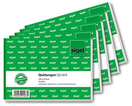 SIGEL QU615 Quittungsblock, fälschungssicher, A6 quer, 5 Stück á 50 Blatt