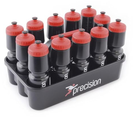 Precision 12 Wasserflaschen & Träger-Set, 750 ml, BPA-frei, Sportflaschen mit leicht zu ziehenden Deckeln, robuster Kunststoffhalter für Fußball-, Rugby-Team-Training, Schwarz