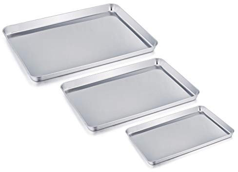 Baking Pan Set of 3, Stainless Steel Baking Tray Sheet Professional, Non Toxic & Healthy, Mirror Finish & Rust Free, Easy Clean & Dishwasher Safe