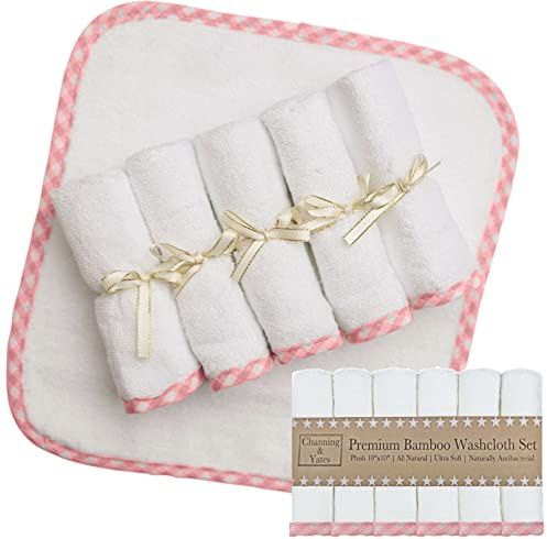 Channing & Yates bébé débarbouillettes - (6-pack) laver en bambou bio chiffons 2x et thicker softer - 10 x 10 po - (rose sur blanc)