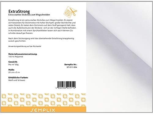 SEMPLIX Extrastark – extra stark broderifleece för att klippa bort, särskilt för broderimotiv med hög stygntäthet/stor sticktäthet (vit, 20 cm x 5 m)