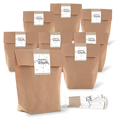 Logbuch-Verlag 25 Weihnachten Geschenkbeutel Tüte Kunden Mitarbeiter Kollegen Beutel Kraftpapier 16,5 x 26 x 6,5 cm mit Banderole weiß braun