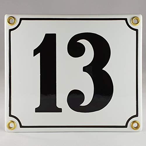 Hausnummer Emaille Schild Nr. 13 Weiß-Schwarz Handarbeit