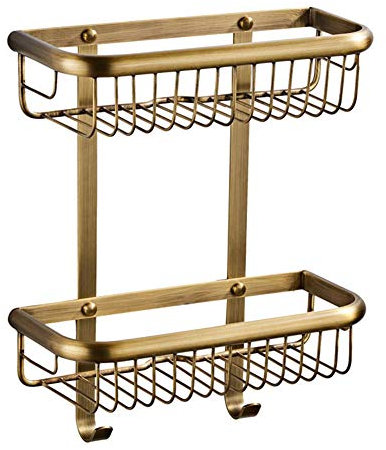 LIERSI Canasta De Esquina Estante De Ducha para Baño Doble Capa con 2 Ganchos Latón Macizo Bronce Cepillado Soporte para Organizador Montado En La Pared A Prueba De Herrumbre