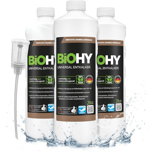BiOHY Universal Entkalker (3 x 1L) + Dosierer | Konzentrat für Kaffeemaschinen, Wasserkocher, Glaskannen & Haushaltsgeräte | Starker Kalklöser auch für Glas- & Edelstahlflächen